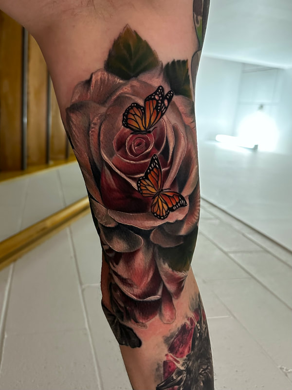 color fusion rose and butterflies tattoo